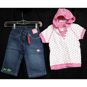 NEW 2008 Gymboree 2pc Tennis Match sz 4 Denim Capri Hooded Shirt Dots Turtle